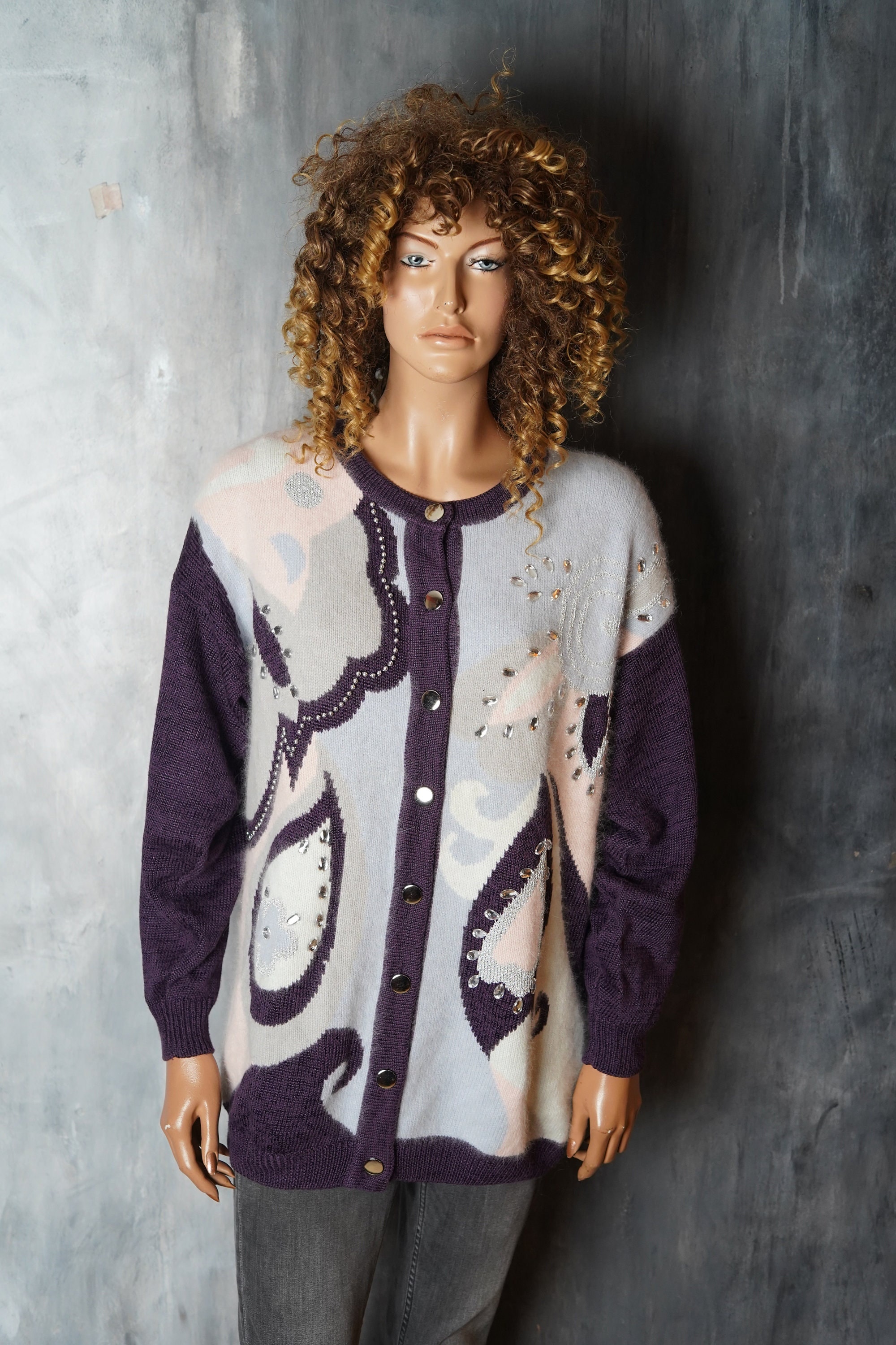 Vintage Betty Barclay Cardigan: Purple Abstract Beaded Sweater - Etsy