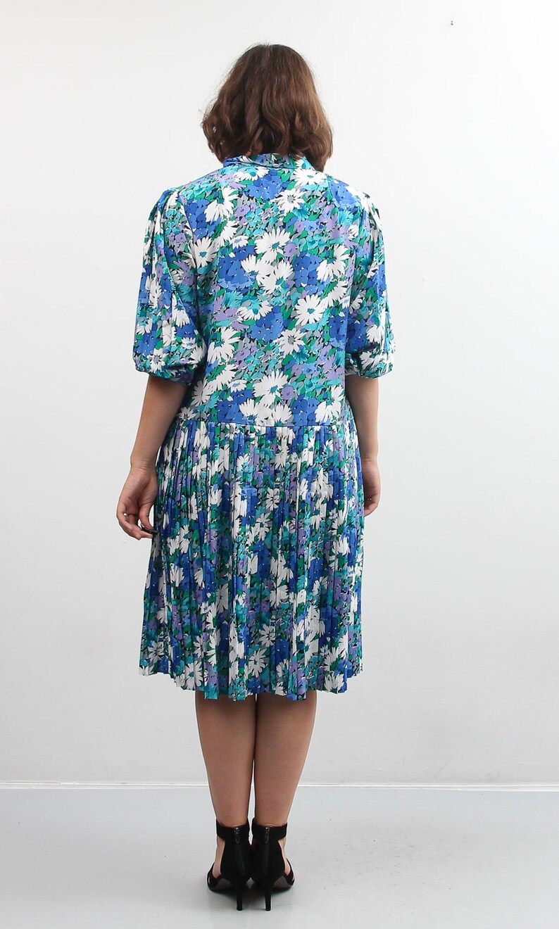 Vintage Floral Dress Midi Pleated Dress Blue Purple Printed Dress Boho Bohemian Dress Retro Summer Dress Large Colorful Dress Size L