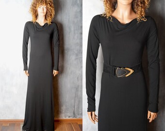 Black Maxi Long Dress / Solid Black Dress / / Black Floor length Dress / Black Long Sleeve Dress / Black Jersey Dress / Minimalist Dress