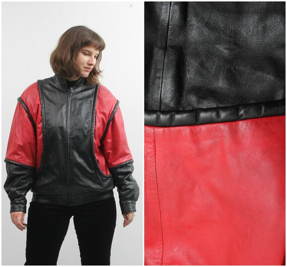 Vintage Leather Bomber / Black Red Leather Jacket