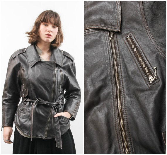 Vintage Brwon Leather Jacket / Belted Leather Jack
