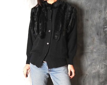 80s Women Black Sweater / Vintage Women Black Cardigan With Fur / Isabelle Cardigan / Women Warm Sweater / Vintage Sweater