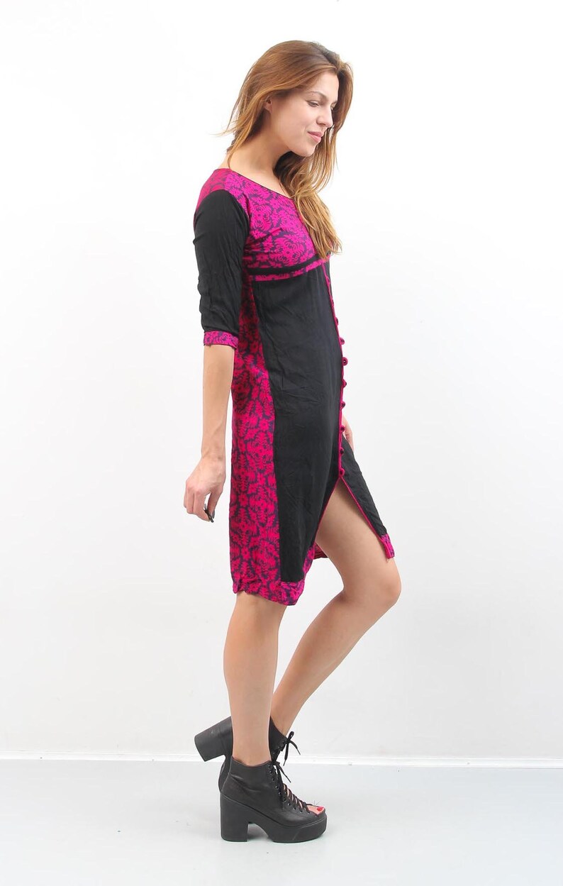 Vintage Caftan Vintage Kaftan Black Pink Dress Vintage Tunic Midi Dress Summer Dress Casual Dress Day Dress Midi Tunic