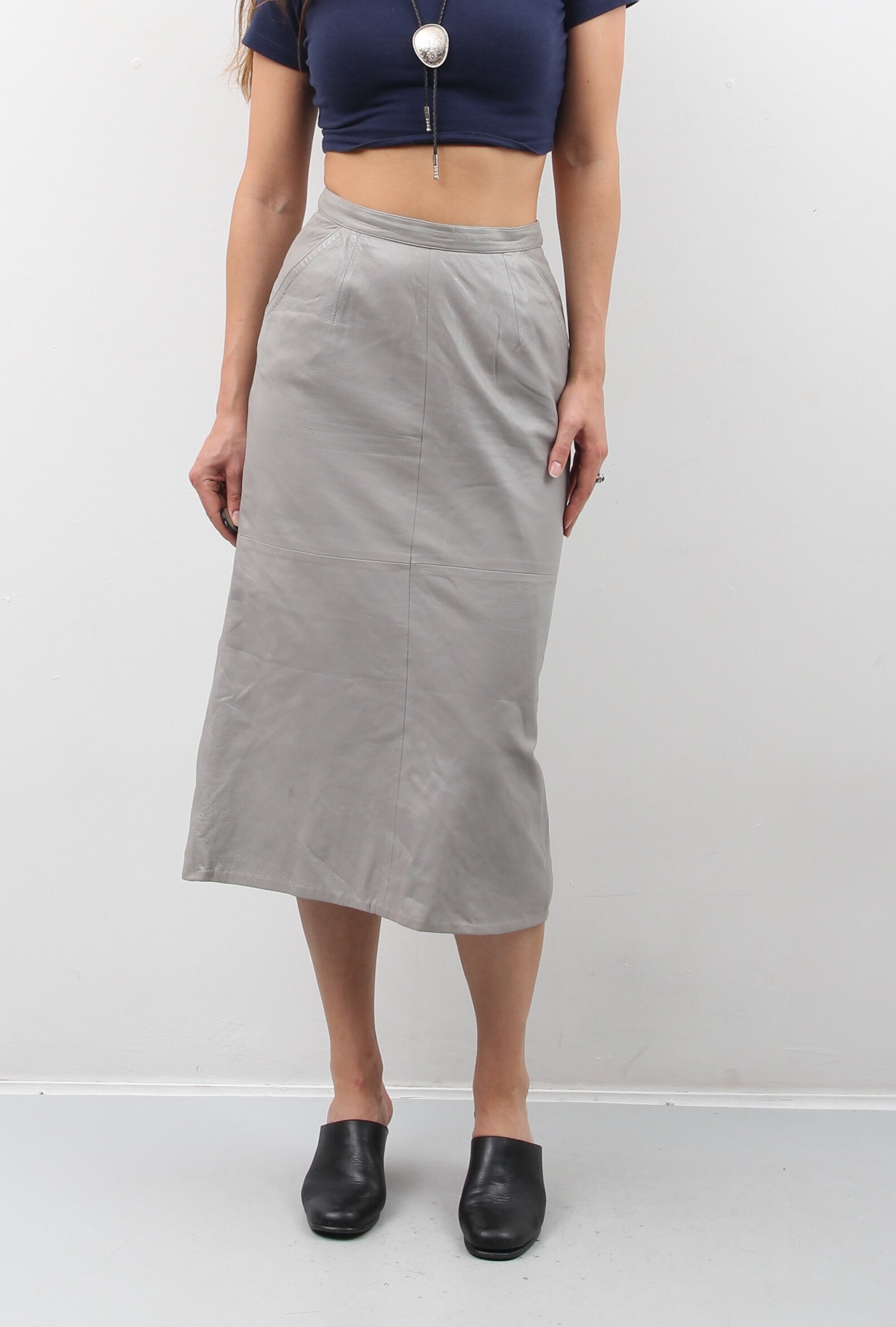 80s Grey Leather Skirt / High Waist Midi Skirt / Skirt With Etsy