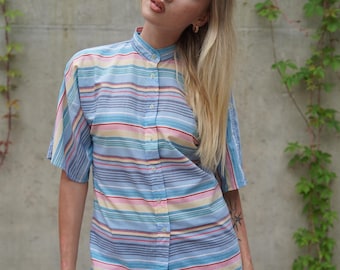 Vintage 90s Striped Cotton Blouse: Pastel Short Sleeve Top