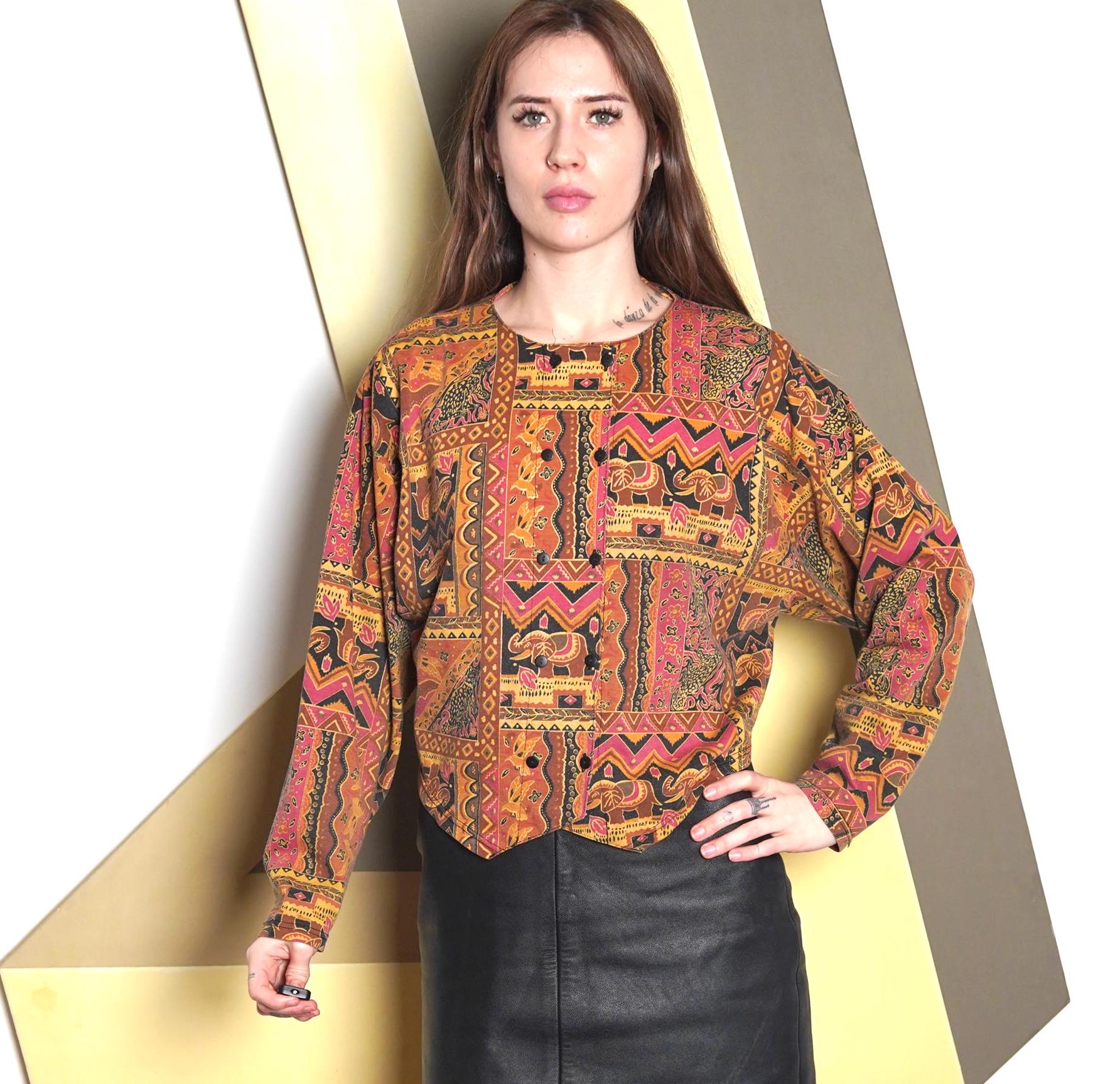 Vintage 80s Ethnic Print Cotton Blend Button Up Blouse /Tribal Aztec Pattern Shirt / Pink Orange Yellow Cropped Top / Boho Festival Fashion