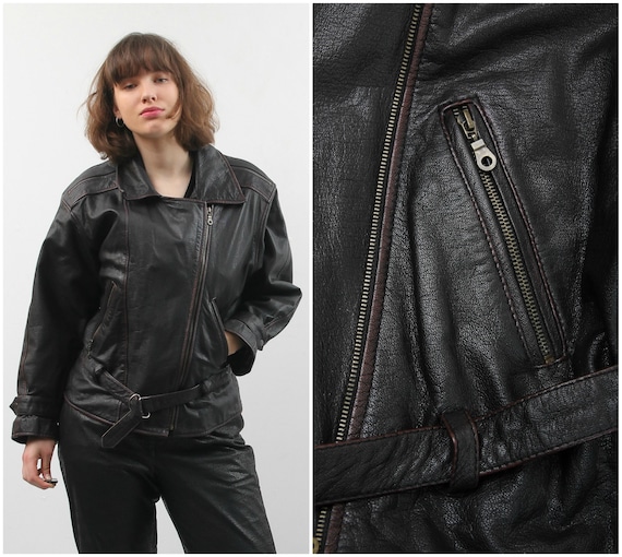 Vintage Black Leather Jacket / Belted Real Leather