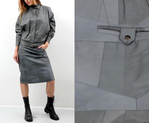80s Grey Patchwork Leather Jacket and Skirt Set /