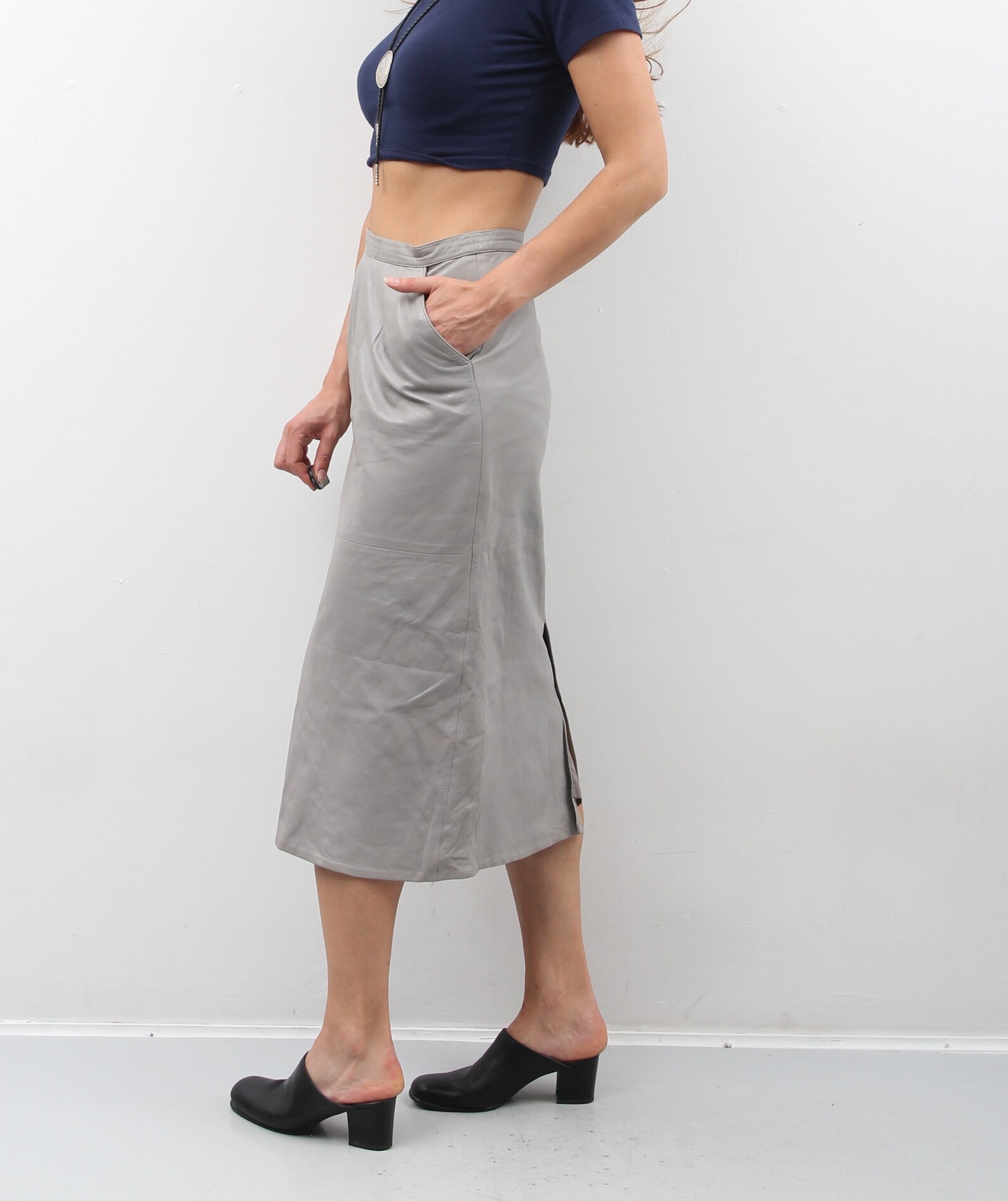 80s Grey Leather Skirt / High Waist Midi Skirt / Skirt With | Etsy