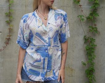 Vintage Woman Abstract Blouse: short sleeve loose fit summer top
