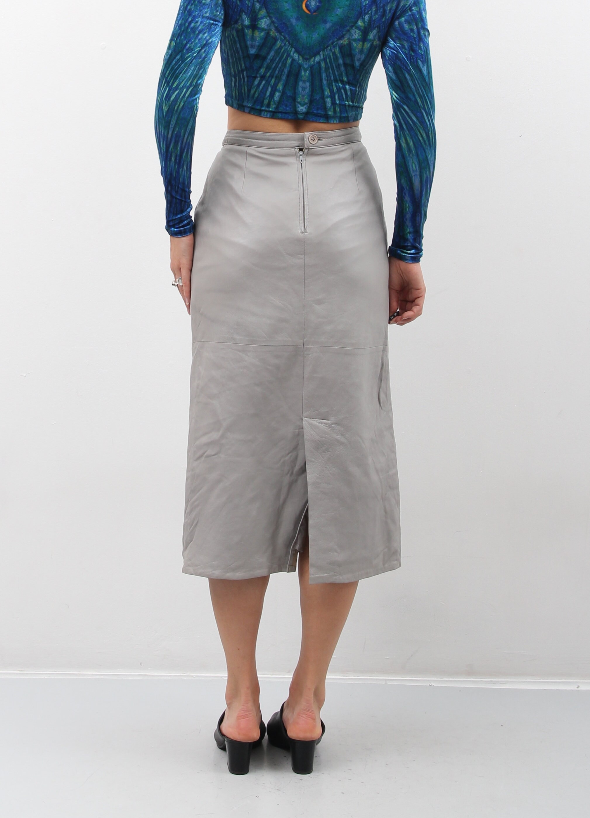 80s Grey Leather Skirt / High Waist Midi Skirt / Skirt With Etsy