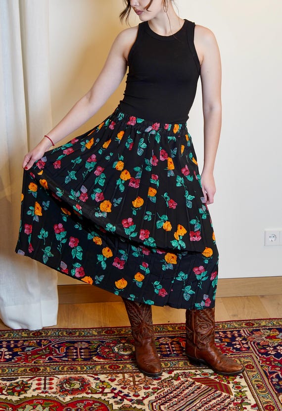 Vintage 90s Floral Skirt: Black Pleated Bohemian Midi - Etsy Israel