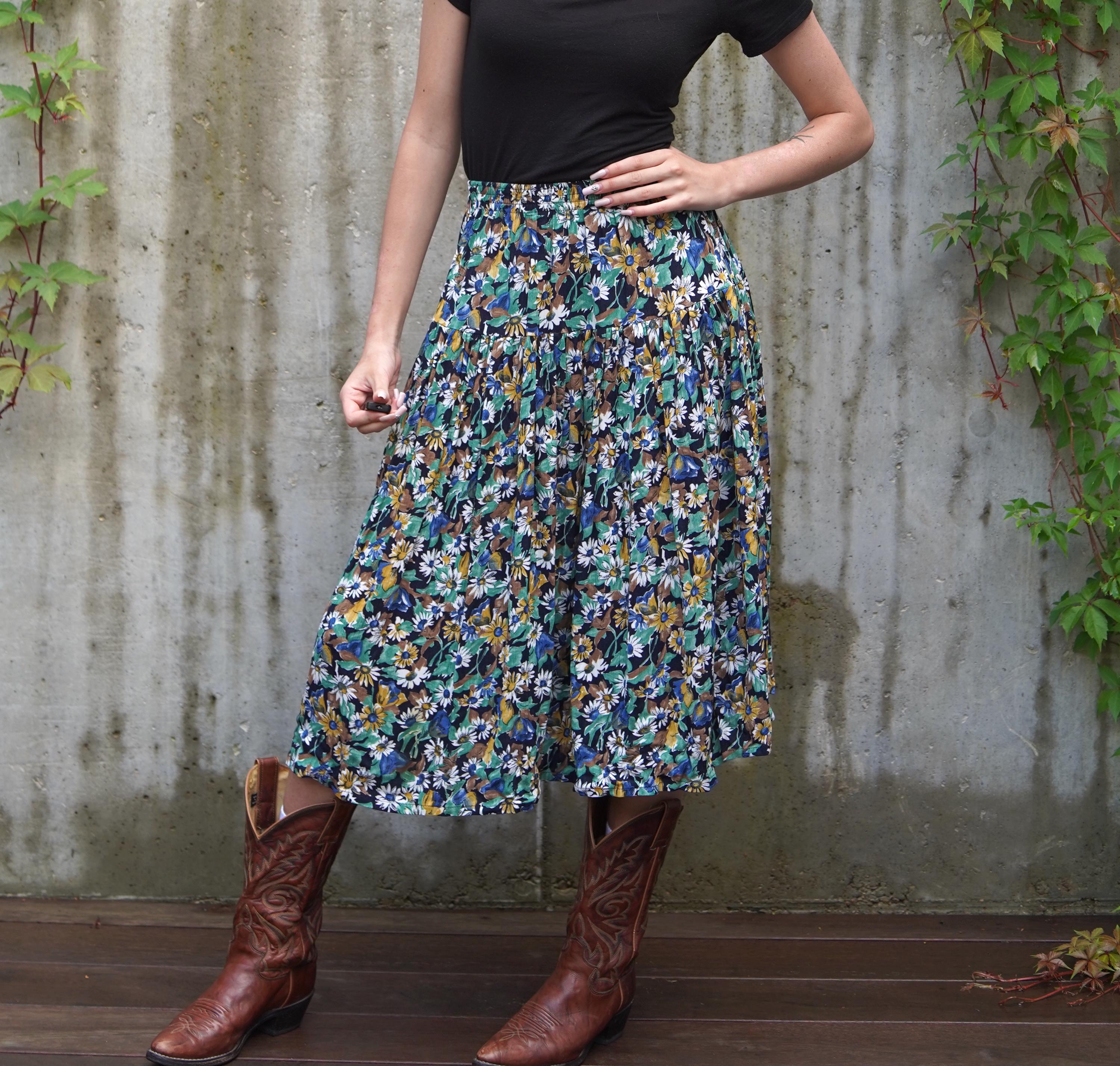 80年代風ヴィンテージフローラルボヘミアンスカート：ポケット付きハイ