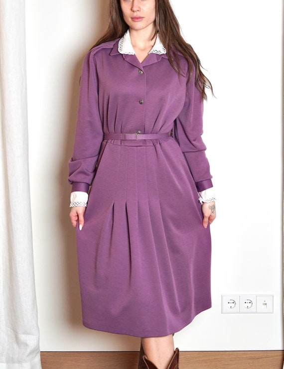 60s purple dress Vintage 60s Purple Midi Dress: Belted Fit & Flare With Lace Collar