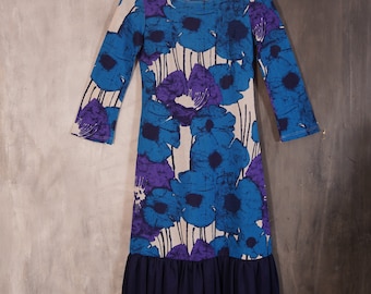 Vintage 70s Floral Dress: Blue Stretchy Boho Party Dress