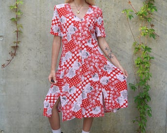 Vintage Red Floral Dress: short sleeve button up summer L