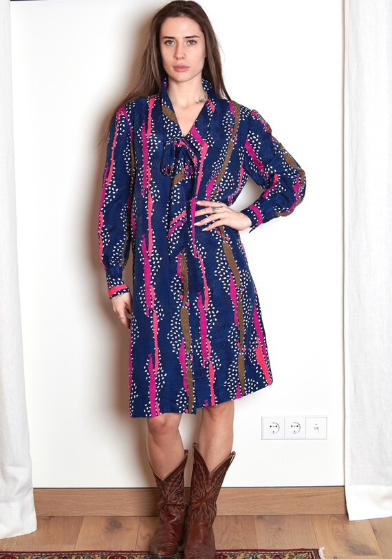 Vintage 80s Navy Polka Dot Midi Dress: Long Sleeve Retro Day Dress