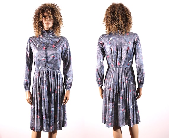 Vintage Long Sleeve Midi Dress / Pleated Dress / Swedish Dress Miss Mary  Sweden / 80s Dress / Purple Medium Dress / Abstract Flared Dress 