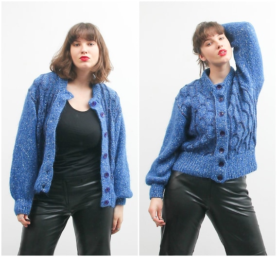 Vintage Blue Cardigan / 90s Warm Knitted Cardigan