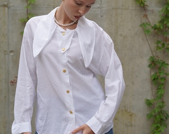 Chemisier blanc marteau vintage des années 90 : chemise à manches longues en coton et viscose