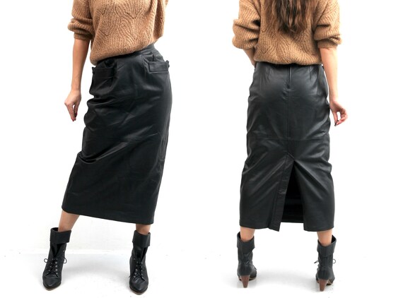 80s Black Genuine Leather Long Skirt / High Waist