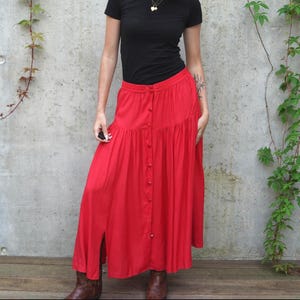Vintage red Maxi Long Button Up Skirt  Summer Skirt Ecco by C&A / 80s Red Skirt / Red Long Flared Summer Skirt / 80s Large Medium Skirt