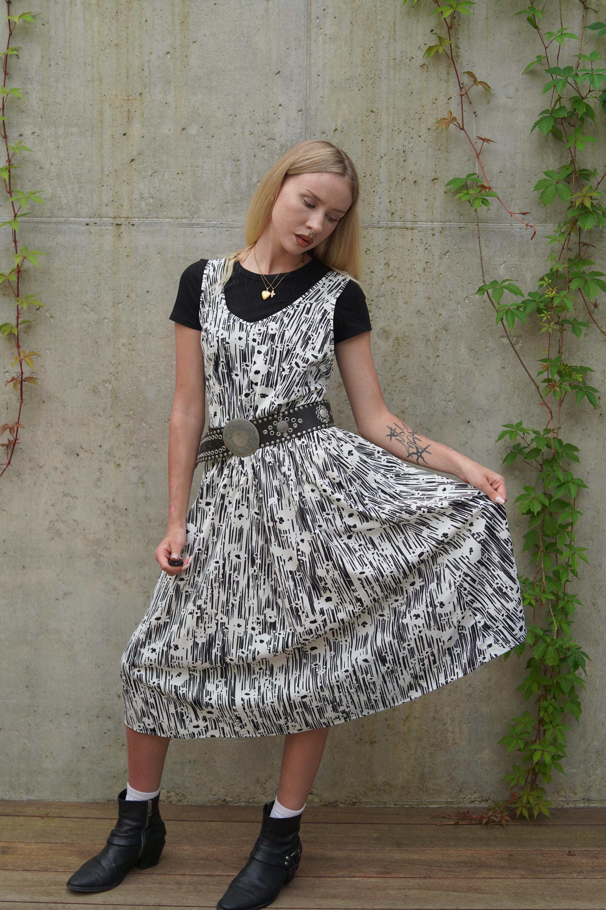 70s black and white dress Vintage 70s Black and White Floral Print Handkerchief Hem Prairie Midi   TORN vintage