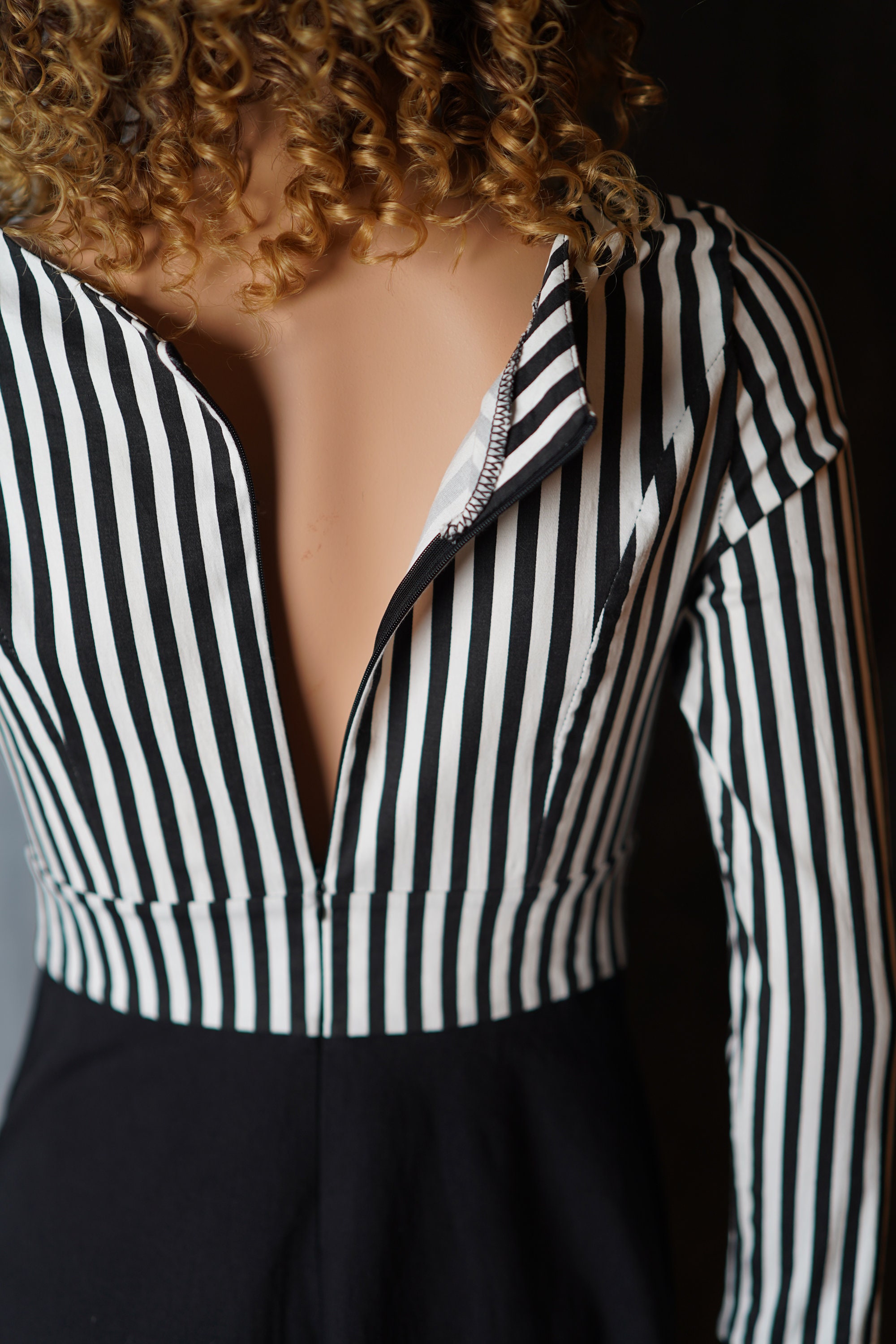 Vintage 80s Striped Mini Dress: Black & White Long Sleeve, Xs/S