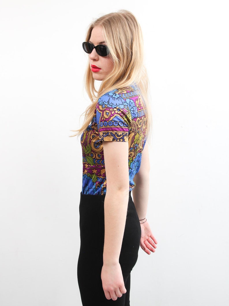 Vintage Romeo Fashion Top Small 90s Top Floral Print Short Sleeve Shirt Colorful Bohemian Top Button Up Collared Shirt Boho Top