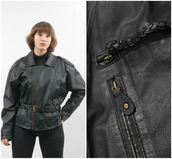 Vintage Black Leather Jacket / Belted Leather Jack