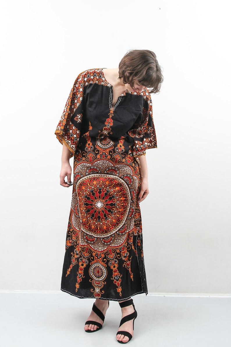 African Print Maxi Dress Black Paisley Dress Printed Oriental Dress Long Sleeve Dress Medium Dress Original Java Prints Bohemian Dress
