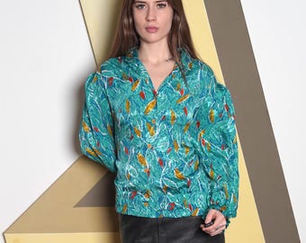 Vintage 80s Batwing Blouse: Golden Gate Turquoise Abstract Print, Size L