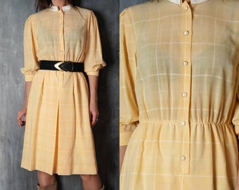 Fink Modell Yellow Dress / 80s Checkered Dress / Summer Linen Dress / 80s Yellow Dress / Button Up Dress / Yellow White Dress /80s XL Dress