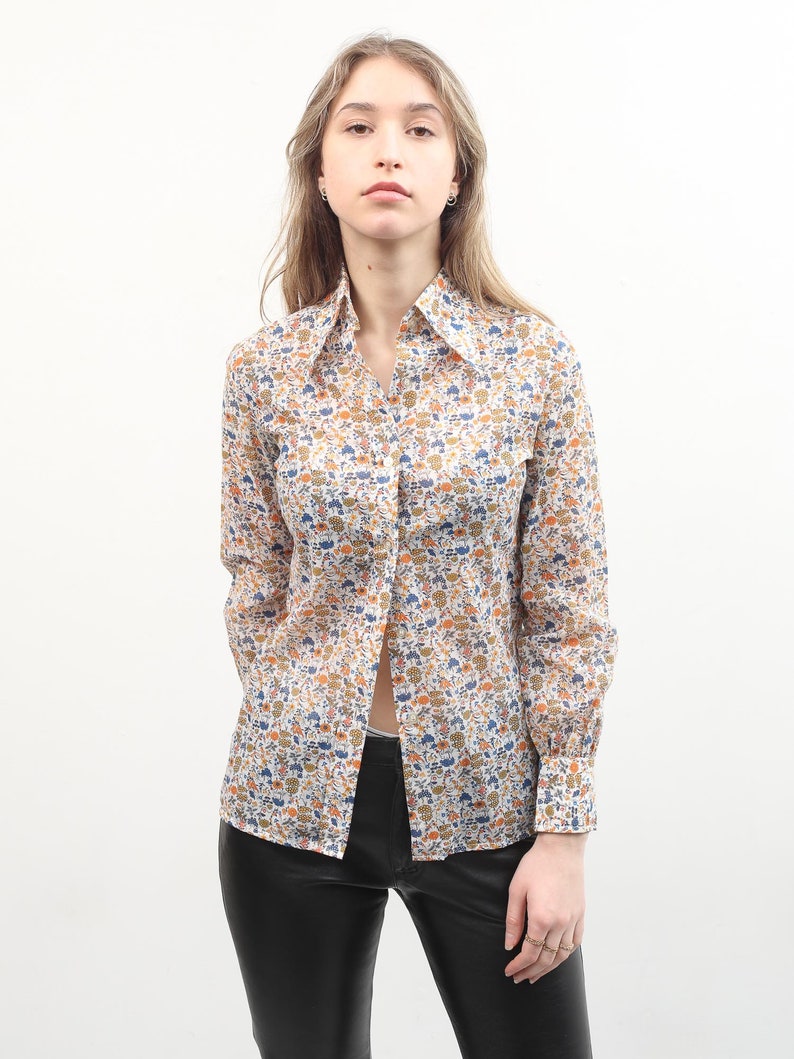70s Floral Blouse Button Up Long Sleeve Shirt Small Women Top Boho Bohemian Blouse Colorful Printed Blouse Vintage Summer Blouse