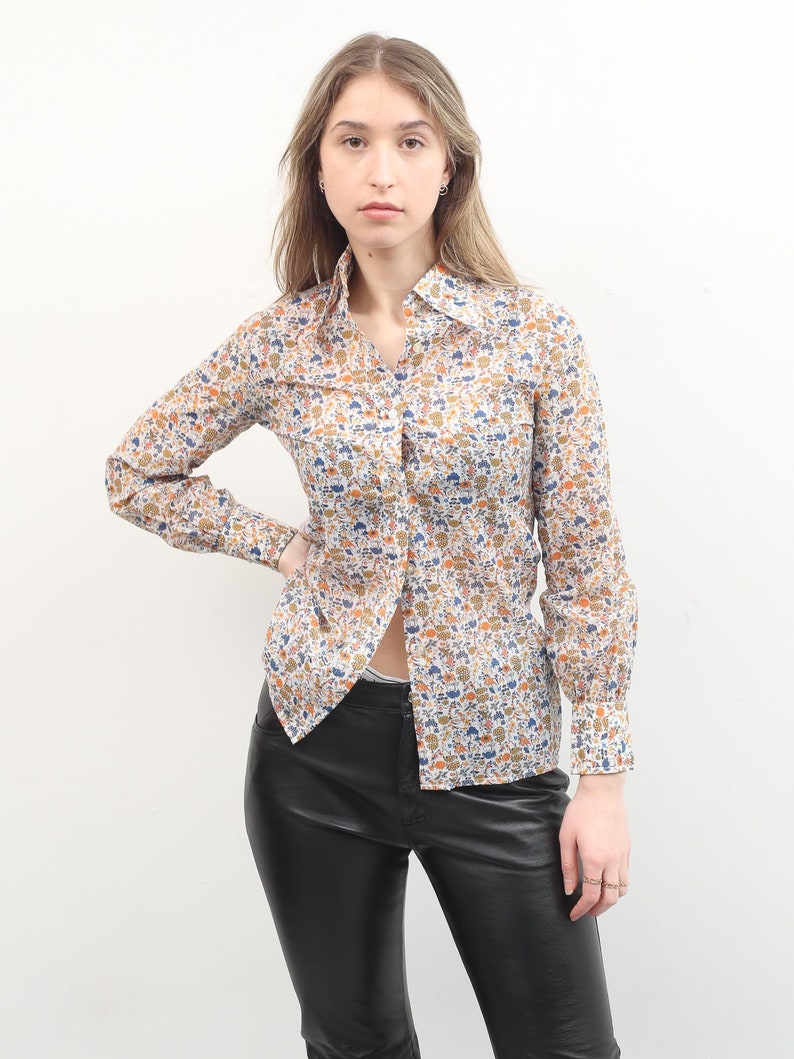 70s Floral Blouse Button Up Long Sleeve Shirt Small Women Top Boho Bohemian Blouse Colorful Printed Blouse Vintage Summer Blouse