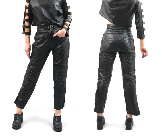 80s Motorcycle Pants / Man Black Leather Pants / B