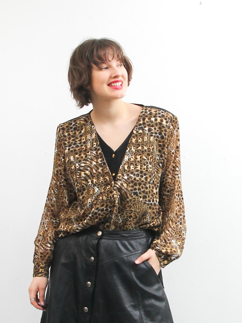 Vintage Biaggini Animal Print Blouse Long Sleeve Printed Brown Top Button Up Boho Bohemian Blouse Large Retro Blouse Loose Women Top