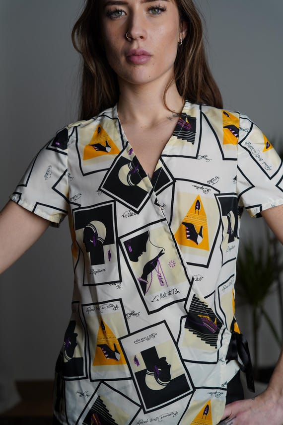 Vintage 90s French Face Print Blouse: Abstract Pa… - image 6