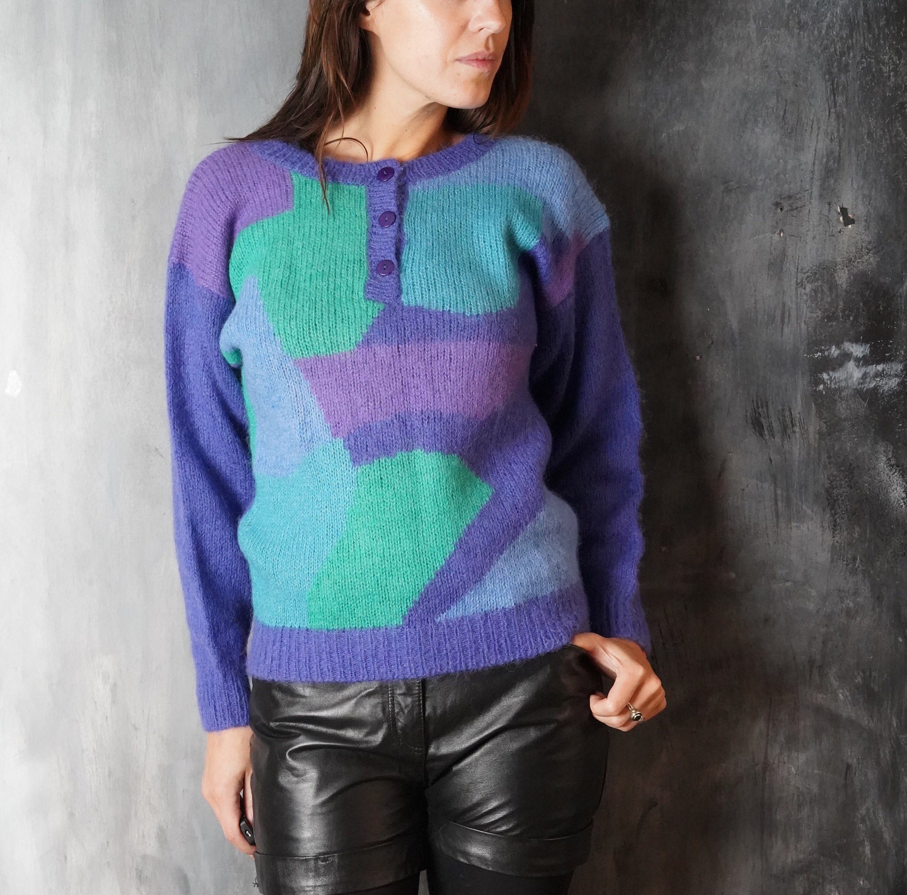 Rene Derhy Paris Sweater 80s Women Mohair Purple Geometric Pullover Vintage Medium Sweater Warm Winter Pullover Sweater Etsy