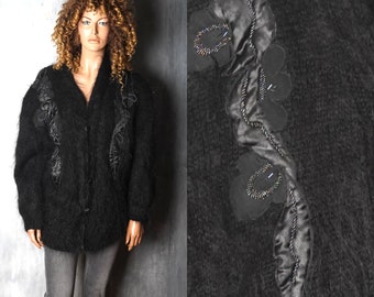 Vintage Black Mohair Button Up Cardigan / 80s Black Embroidered Cardigan / Women Warm Winter Cardigan / Fluffy Cardigan / Long Sweater