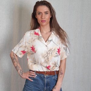 Vintage Floral Viscose Blouse: 90s Button-Up Top, Size L