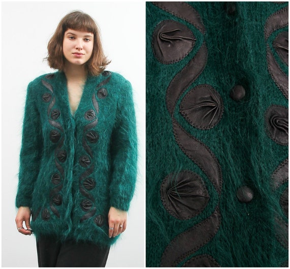 Vintage Green Mohair Cardigan With Leather Details