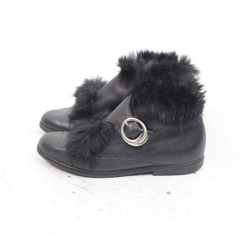 80s Genuine Leather Booties Women Ankle Boots Salamander Size 39 Boots Black Leather Boots With Faux Fur Vintage Flat Ankle Booties