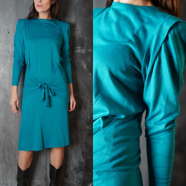 Electric Blue Dress / Vintage Turquoise Dress / Retro Long Sleeve Dress / Dress With Ribbon / Stretchy Jersey Dress / 80s Dress