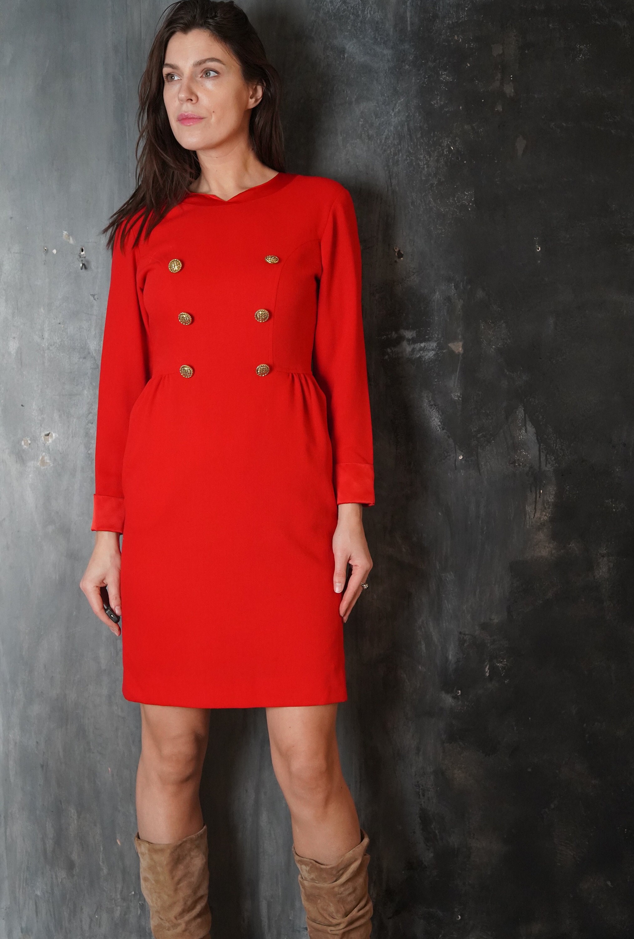 Vintage Red Mini Dress Precis / 80s Red Medium Dress / Red Wool Event Evening Dress / Retro Dress / Classic Dress / Theatre Dinner Dress