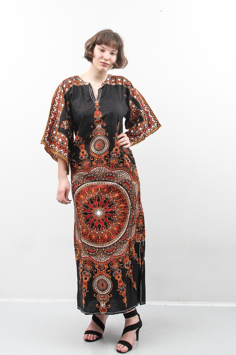African Print Maxi Dress Black Paisley Dress Printed Oriental Dress Long Sleeve Dress Medium Dress Original Java Prints Bohemian Dress
