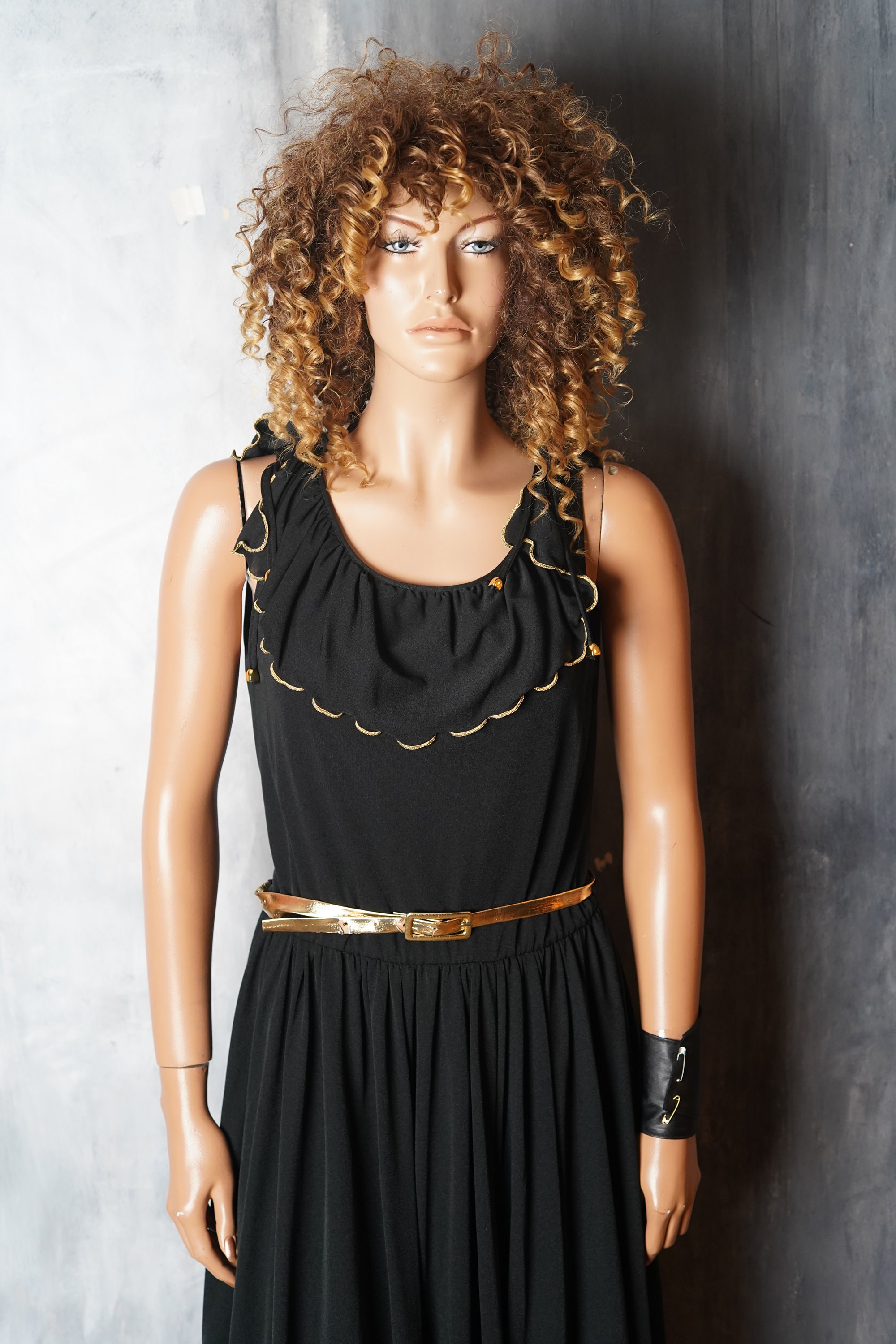 Vintage 80s Black Maxi Dress: Gold Belt Sleeveless Dress (Size 40) Vintage 80s Black Maxi Dress: Gold Belt Sleeveless Dress (Size 40)