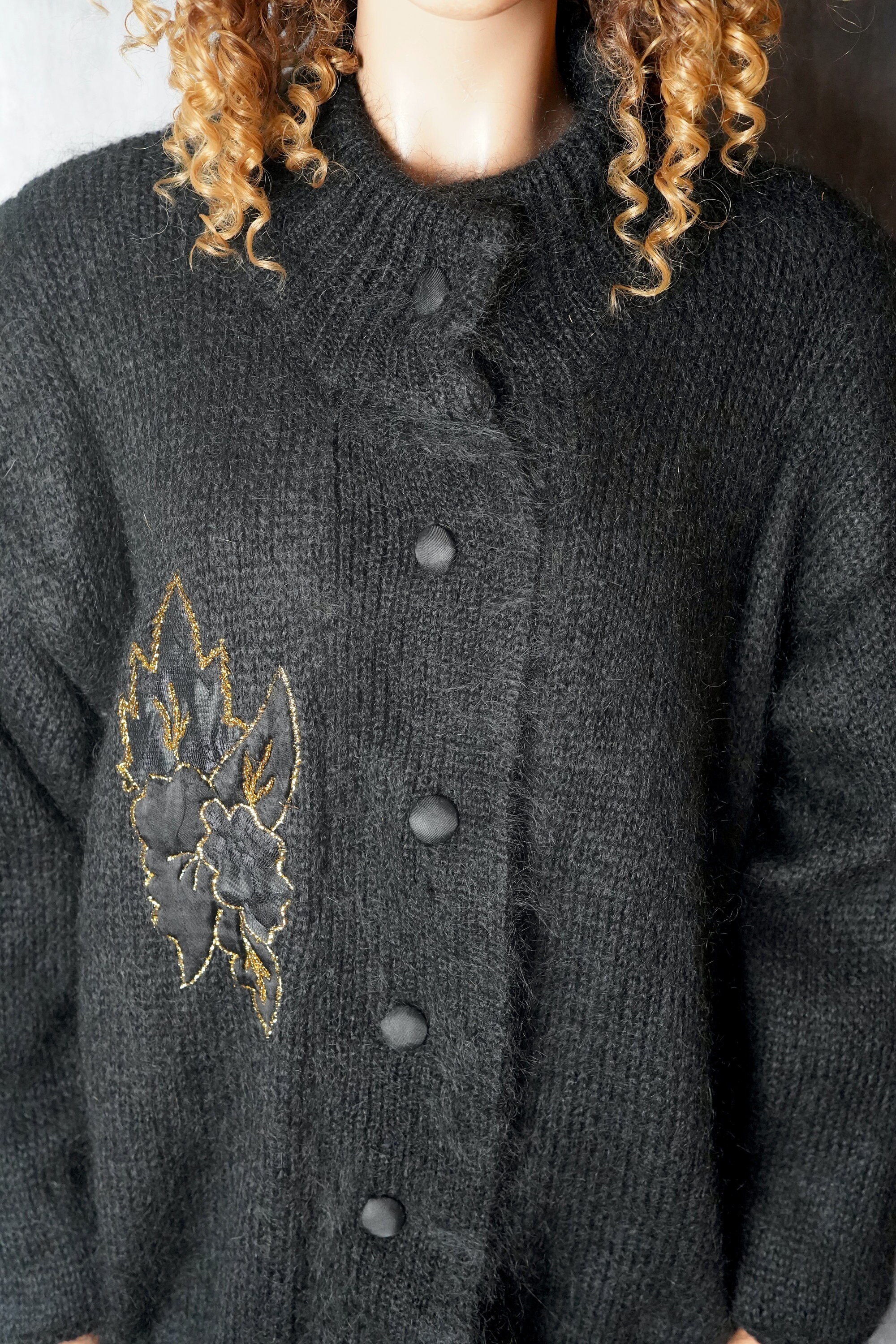 Vintage Black Warm Mohair Cardigan / 80s Women Black Long