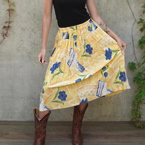 Vintage Yellow Blue Floral Pleated Summer Skirt / High Waist Below Knee Skirt / Skirt Size S - XL / 80s Skirt / Bohemian Boho Skirt