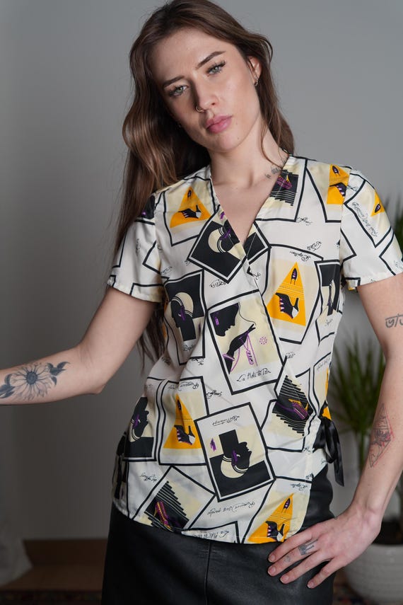 Vintage 90s French Face Print Blouse: Abstract Pa… - image 8